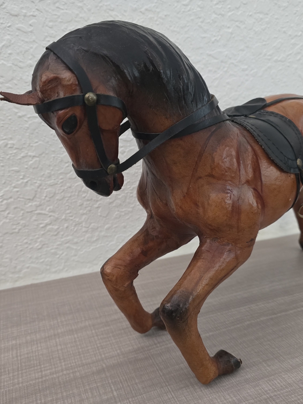 Vintage Leather-Wrapped Horse Figurine – Large 12" Handcrafted Equestrian Decor